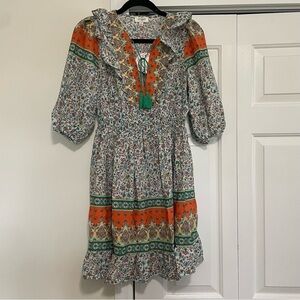 Umgee Green Orange Floral Dress 3/4 Sleeve Ruffle V Cut Size Small, NWT